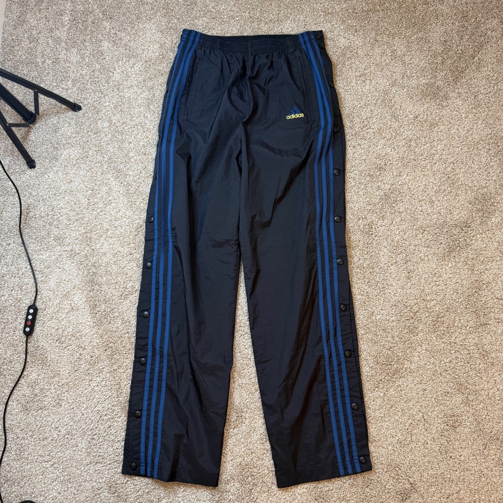 Adidas Snap Breakaway Track Pants Men M Black Vintage Blue Stripe Windbreaker - Picture 1 of 10